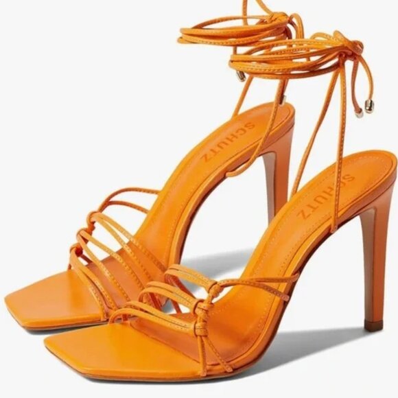 Schutz Sirena High Heels Sandals Nappa Leather Knotted Straps Lace Up Orange 9 - Picture 1 of 13
